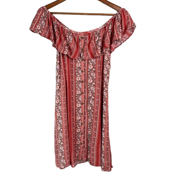 AMERICAN EAGLE Ruffled Off The Shoulder Dress Rusty Pink Fit & Flare Buttoned S - Picture 2 of 11